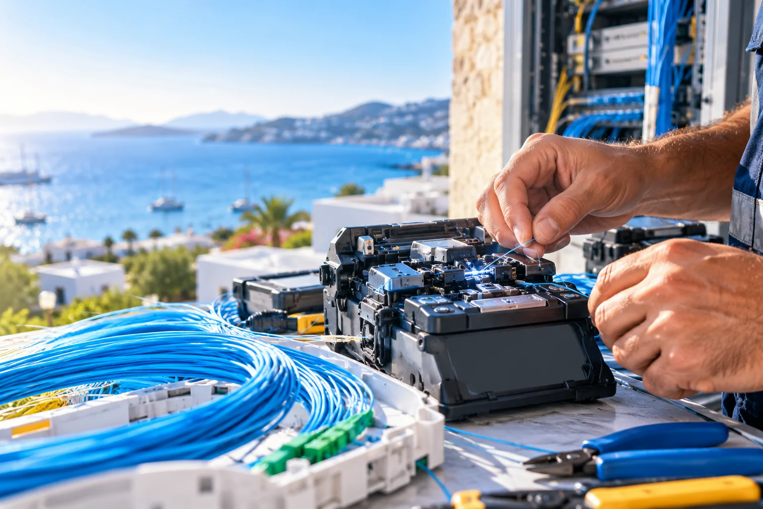 Fiber füzyon ek cihazıyla optik kablo üzerinde çalışma temsili görseli